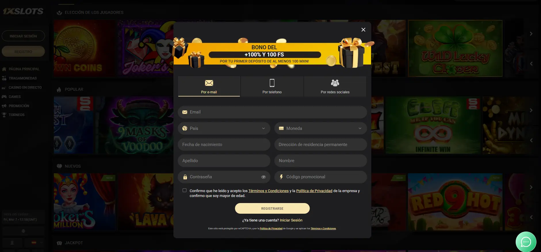 Registro e inicio de sesión en el casino 1xSlots